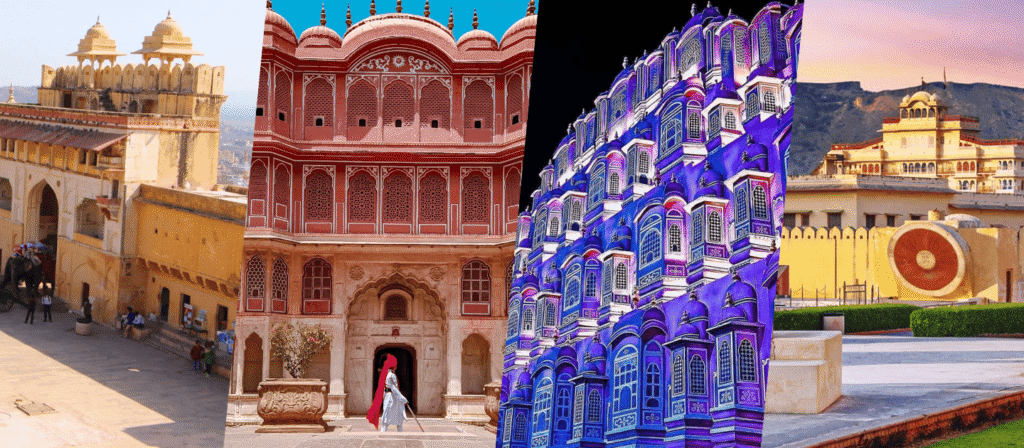 Collage of famous Jaipur landmarks including Amber Fort, City Palace, Hawa Mahal night view, and Jantar Mantar