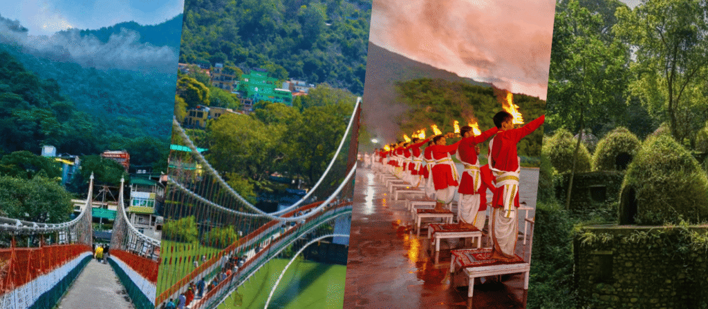 Collage of Rishikesh tourist places showing Ram Jhula bridge, Ganga Aarti ceremony, and Beatles Ashram huts